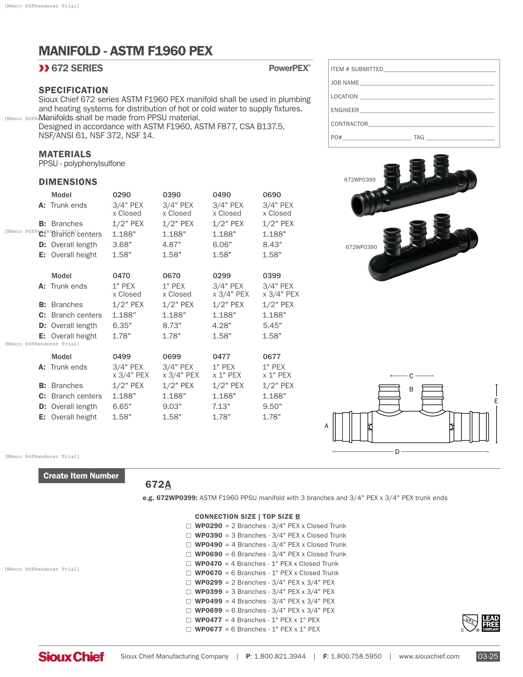 672 SERIES - ASTM F1960 POLY MANIFOLD - SPEC SHEET.PDF Specification Document